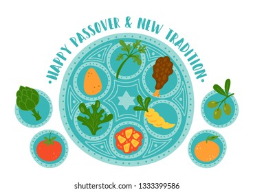 Passover holiday cute traditional seder plate with new tradition. Childish print for cards, invitations and stickers.