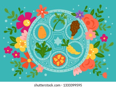 Passover holiday cute traditional seder plate and spring flowers. Childish print for cards, invitations and banners.