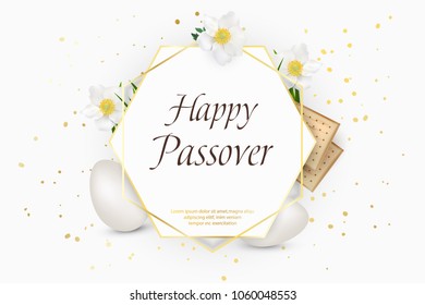 Passover holiday. Decorative frame with eggs, matzo, spring flowers, grass. Design template for Banner, flyer, invitation, greeting card,poster. Realistic vector illustration