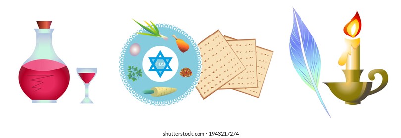Passover holiday elements set for graphic and web design. Judaica Pesah. Matza,red wine,Seder plate of food,feather, candle.