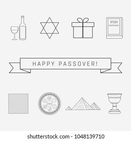 Passover holiday flat design black thin line icons set with text in english "Happy Passover".
