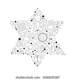 Passover holiday flat design black thin line icons set in star of david shape.