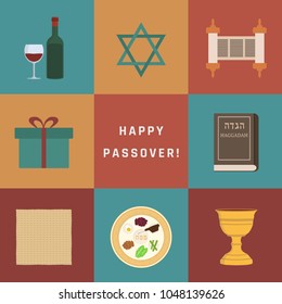 Passover holiday flat design icons set with text in english "Happy Passover".