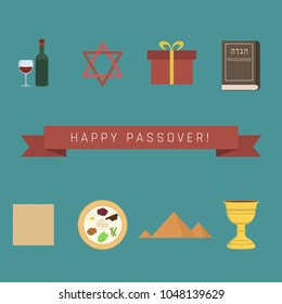 Passover holiday flat design icons set with text in english "Happy Passover".
