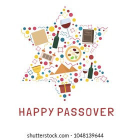 Passover holiday flat design icons set in star of david shape with text in english "Happy Passover".
