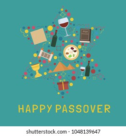 Passover holiday flat design icons set in star of david shape with text in english "Happy Passover".
