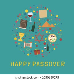 Iconos de diseño plano de vacaciones de la Pascua, en forma redonda, con texto en inglés "Happy Passover".
