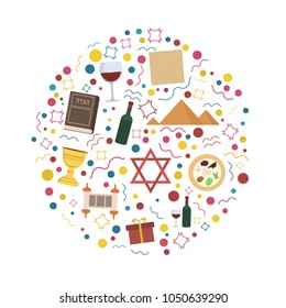 Passover holiday flat design icons set in round shape.
