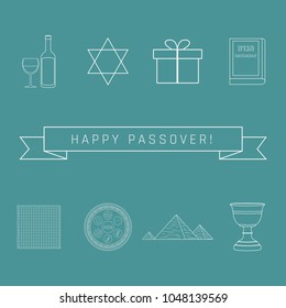 Passover holiday flat design white thin line icons set with text in english "Happy Passover".