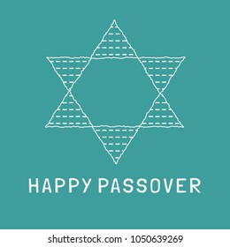 Passover holiday flat design white thin line icons of matzot in star of david shape with text in english "Happy Passover".
