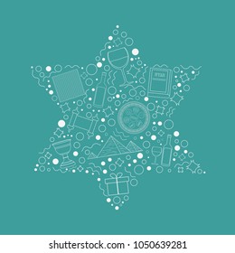 Passover holiday flat design white thin line icons set in star of david shape.