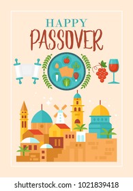 Passover holiday greeting card design with Jerusalem old city and seder plate