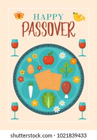 Passover holiday greeting card design with seder plate and matzo