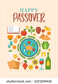 Passover holiday greeting card design with seder plate and matzo