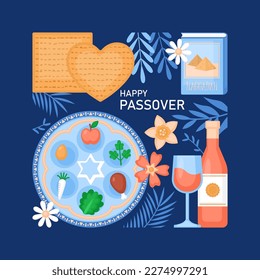 Passover holiday greeting card design with matzah, seder plate, wine and spring flowers. Vector illustration