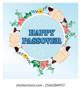 Passover holiday with this elegant image featuring matzah, wine, and floral decorations. Perfect for festive greetings and celebrating traditional Jewish customs. Flat vector modern illustration 