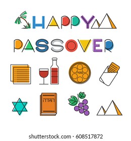 Passover Icon Set. Design Elements Collection. Jewish Holiday Pesach Icons. Colorful Linear Style. Vector Illustration