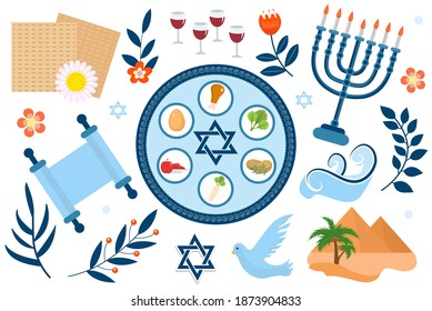 Passover icons set. flat, cartoon style. Jewish holiday of exodus Egypt. Collection with Seder plate, meal, matzah, wine, torus, pyramid. Isolated on white background Vector illustration