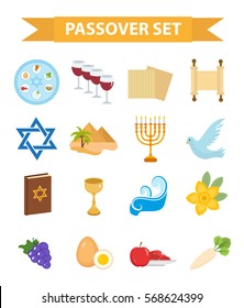 Passover icons set. flat, cartoon style. Jewish holiday of exodus Egypt. Collection with Seder plate, meal, matzah, wine, torus, pyramid. Isolated on white background. Vector illustration