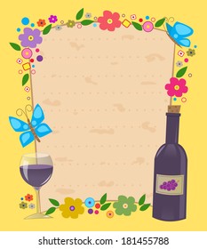 Passover Invitation - Flowered frame with Matzo texture in the center and a bottle and wine glass in the bottom corner. Eps10