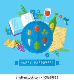 Passover jewish holiday design with flat stylish icons. Isolated vector illustration 