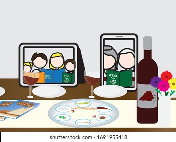 Passover Jewish Holiday Online Seder Table, Tablet and Smartphone with People Reading The Passover Haggadah On The Seder Table