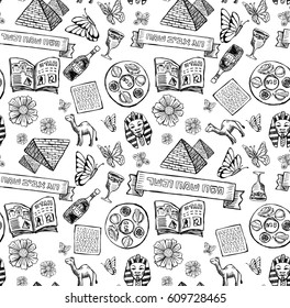 Passover Jewish holiday Pattern in doodle style. Captions in image: Happy and kosher Passover, Happy spring holiday