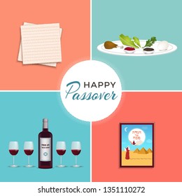 Passover Jewish Spring holiday symbols set. Seder plate, Matzo, red wine glassess, bottle of wine traditional for Passover Seder Table. Text in Hebrew: "Happy and kosher Passover", "Passover hagadah"