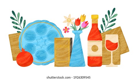 Passover Pesach holiday banner design with matzah, wine and spring flowers. Greeting card or seder party invitation template