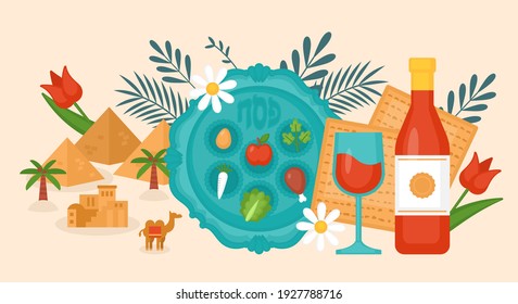 Passover Pesach holiday banner design with matzah, wine and seder plate. Greeting card or seder party invitation template. Hebrew text: "Passover"