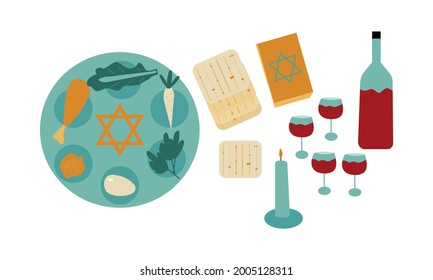 Passover Pesach holiday banner design with matzah, seder plate. Greeting card or seder party invitation template background