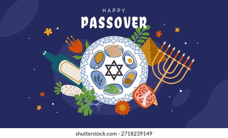Pascua, diseño de Vector de vacaciones de Pesaj. Tarjeta de felicitación o Anuncio con iconos tradicionales judíos y Elementos de primavera. Festivo   Letras para decoración de temporada y materiales de celebración.