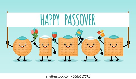 Passover Pesah holiday banner design with matzah funny cartoon characters. Vector illustration