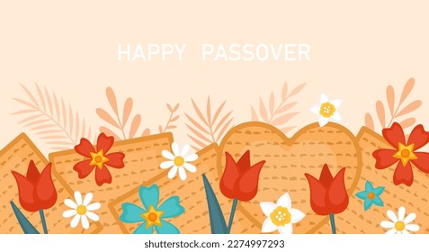 Passover Pesah holiday banner design with matzah and spring flowers. Greeting card or seder party invitation template