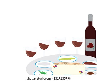 Passover Plate, Wine bottle and four Wine glasses