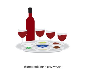 Passover plate, wine bottle and four wine glasses on White background