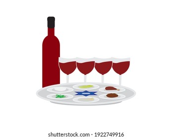 Passover plate, wine bottle and four wine glasses on White background