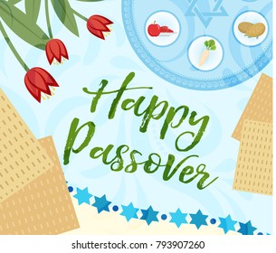 Passover poster, invitation, flyer, greeting card. Pesach template for your design with festive Seder table, kosher food, matzah, david star. Jewish holiday background. Vector illustration