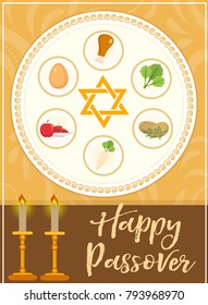 Passover poster, invitation, flyer, greeting card.4e for your design with festive Seder table, kosher food, matzah, david star. Jewish holiday background. Vector illustration