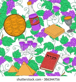 Passover seamless pattern background. Jewish holiday Passover symbols. Vector illustration