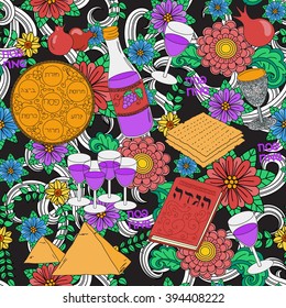 Passover seamless pattern background. Jewish holiday Passover symbols. Vector illustration