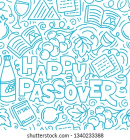 Passover seamless pattern (Jewish holiday Pesach). Hebrew text: happy Passover. Linear vector illustration doodle style. Isolated on white background.