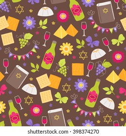 Passover seamless pattern with jewish star, grapes, wine bottle, glass, branch, yarmulke, flowers, matzo, book and bows on dark background. Perfect for wallpaper, gift paper, Passover greeting cards