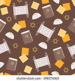 Passover seamless pattern with Jewish star, kippah, matzo and Torah on dark background. Perfect for wallpaper, gift paper, pattern fills, web page background, Passover greeting cards