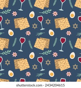 Passover seamless pattern with matzo, egg, glass, wine. Vector. For packaging, wrapping paper, background, cards, textiles.