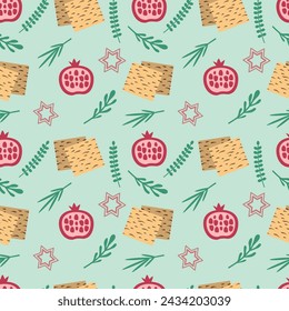 Passover seamless pattern with matzo, pomegranate, plants. Vector illustration. For packaging, wrapping paper, textiles, cards, background.