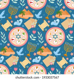 Passover seamless pattern. Pesach endless background, texture. Jewish holiday backdrop. Vector illustration.