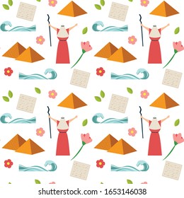 Passover seamless pattern. Seder pesach invitation, greeting card template or holiday flyers. Moses separate sea for Passover holiday, flat design vector set