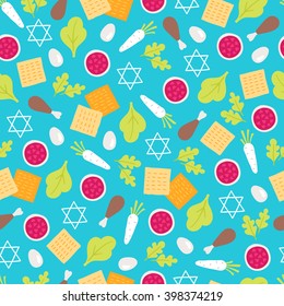 Passover seamless pattern with seder plate food on blue background. Matzo, horseradish, parsley, meat, egg amd jewish star. Perfect for wallpaper, gift paper, pattern fills, Passover greeting cards