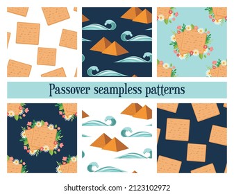 Passover seamless pattern set. Jewish holiday . Pesach patterns for templates, invitations and design with matzah, pyramids and spring flowers . vector illustration
